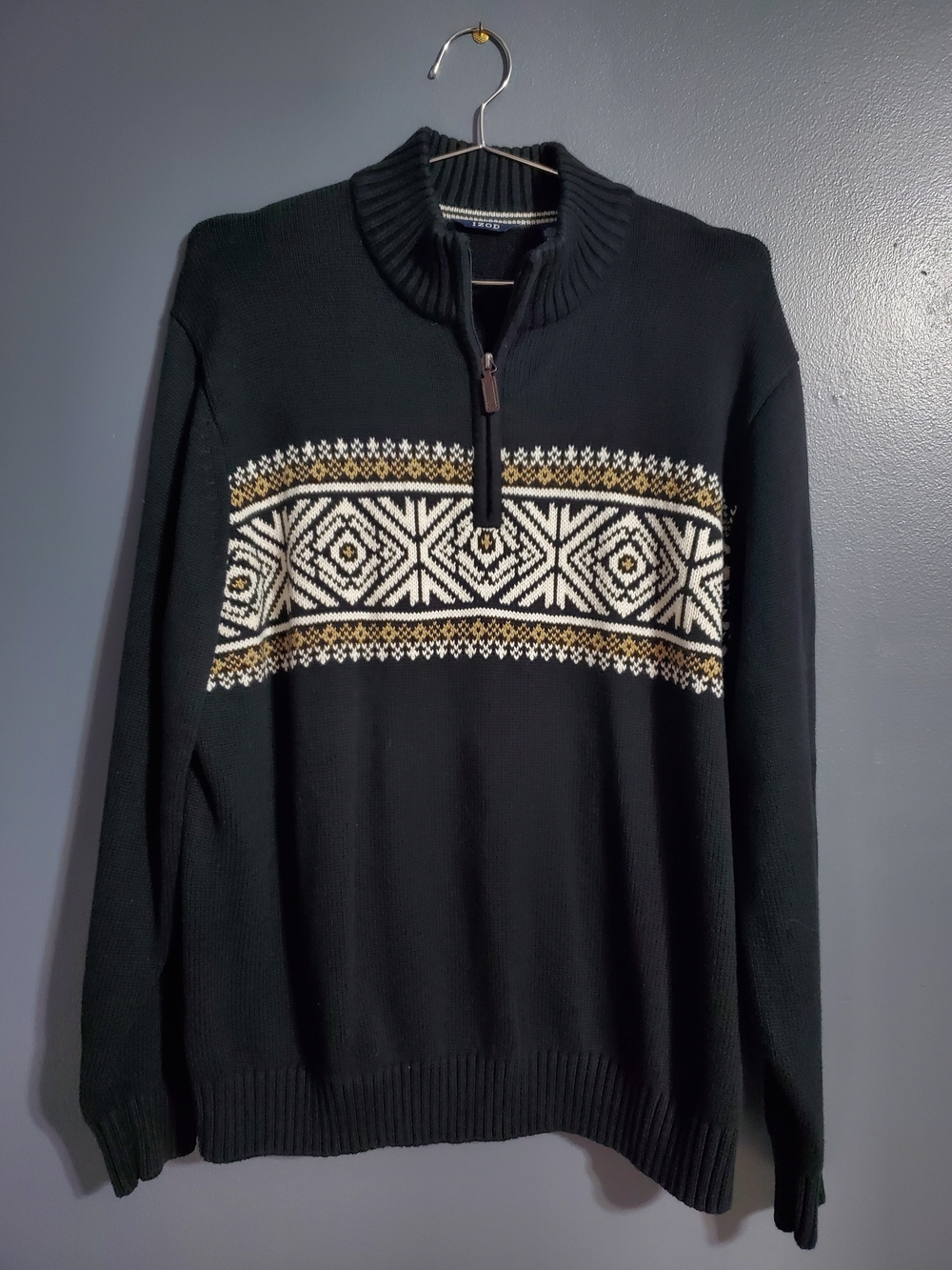 Izod Black Zip-Up Sweater with Cream Tan Fair Isle Band Size XXL